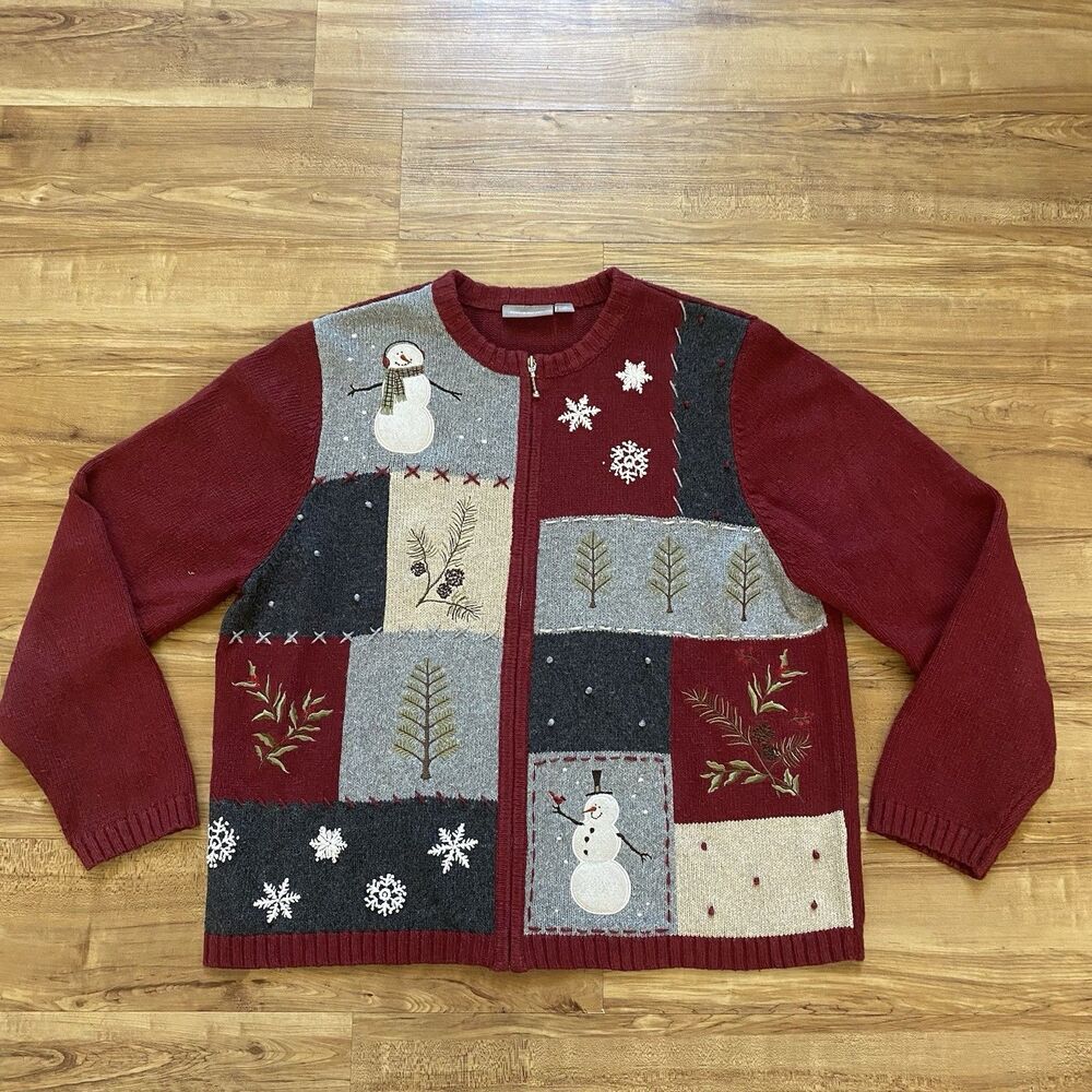 Croft & Barrow XL Red Ugly Christmas Sweater Zip Cardigan Snowman Patchwork Silk